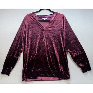 Skinnygirl Womens Velvet Long Sleeve V-Neck Top L Maroon Stretcy
